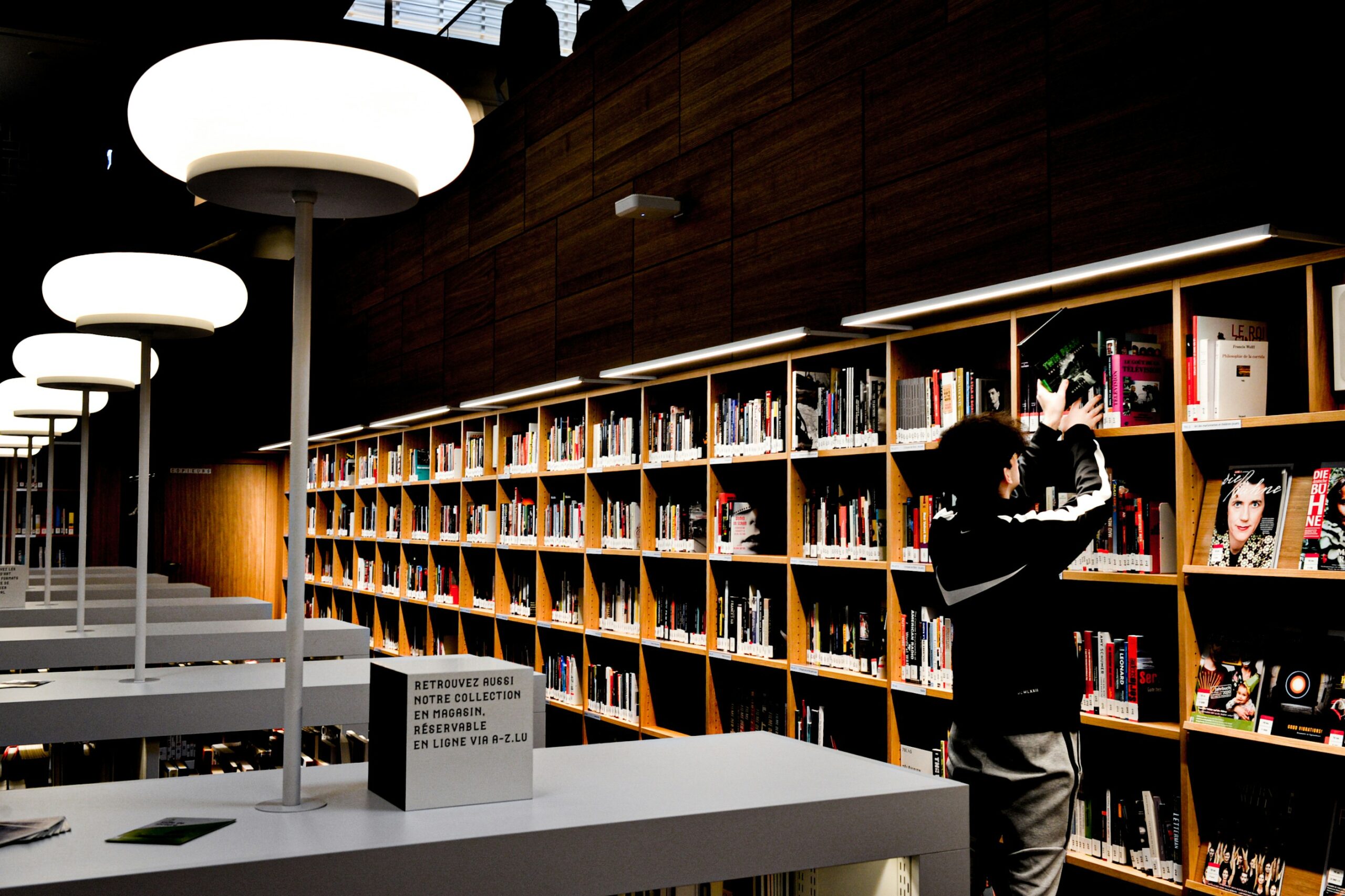 focus-attractive and cozy lighting in a library that using layered lighting rule